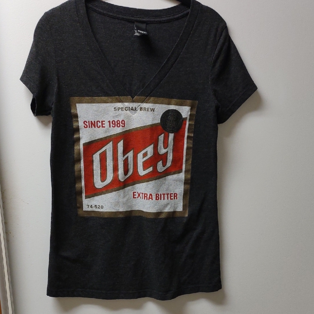 Obey Black V-Neck T-Shirt with Red Graphic